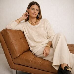 EILEEN FISHER Merino Wool Open Knit Scoop Neck Sweater Sz L $335 {A37}